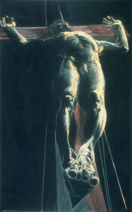 Eleanor Dickinson, Crucifixion of Dountes, 1988. Pastel on black velvet. MOCRA collection, a gift of Dr. Mark W. Dickinson, Katherine V. G. Dickinson, and Peter S. Dickinson.
