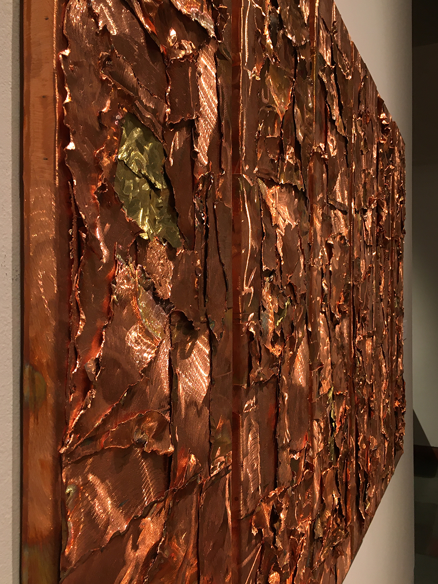 Christopher Schulte, Lead Me (detail), 2008. Etched and hammered copper relief on board. MOCRA collection.